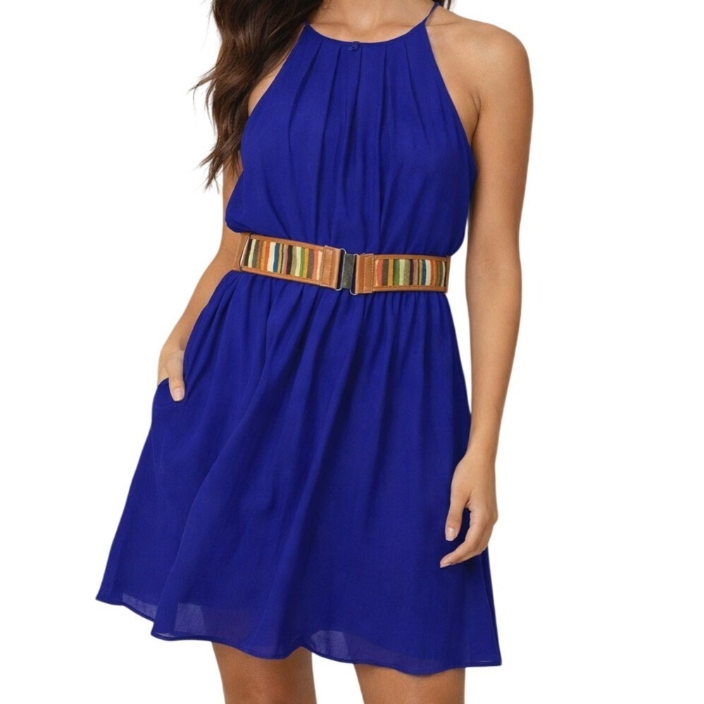 By & By Royal Blue Halter Mini Dress with Belt Womens Large Pleated Chiffon